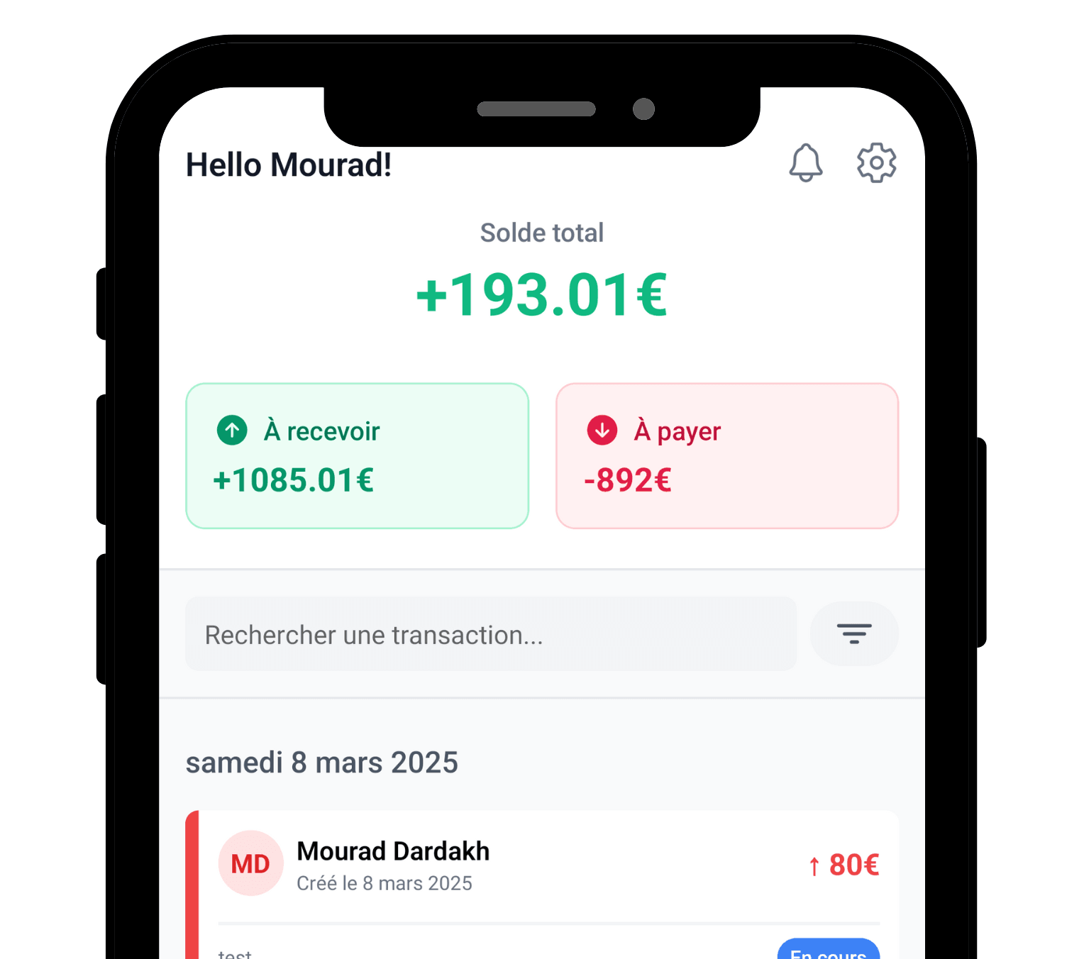 Dayni app screenshot showing debt and loan tracking